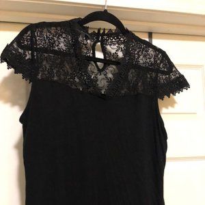 Black Top w/ Lace V-Neck & Shoulders